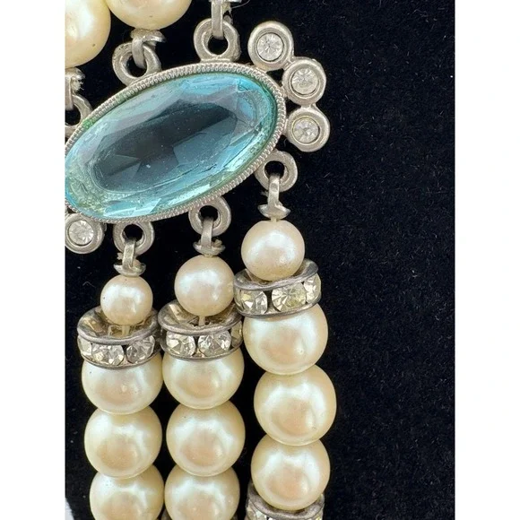 VTG 1928 Faux Pearl 3 Strand Choker Necklace Blue Clear Stones LRG Pendant - Picture 10 of 14